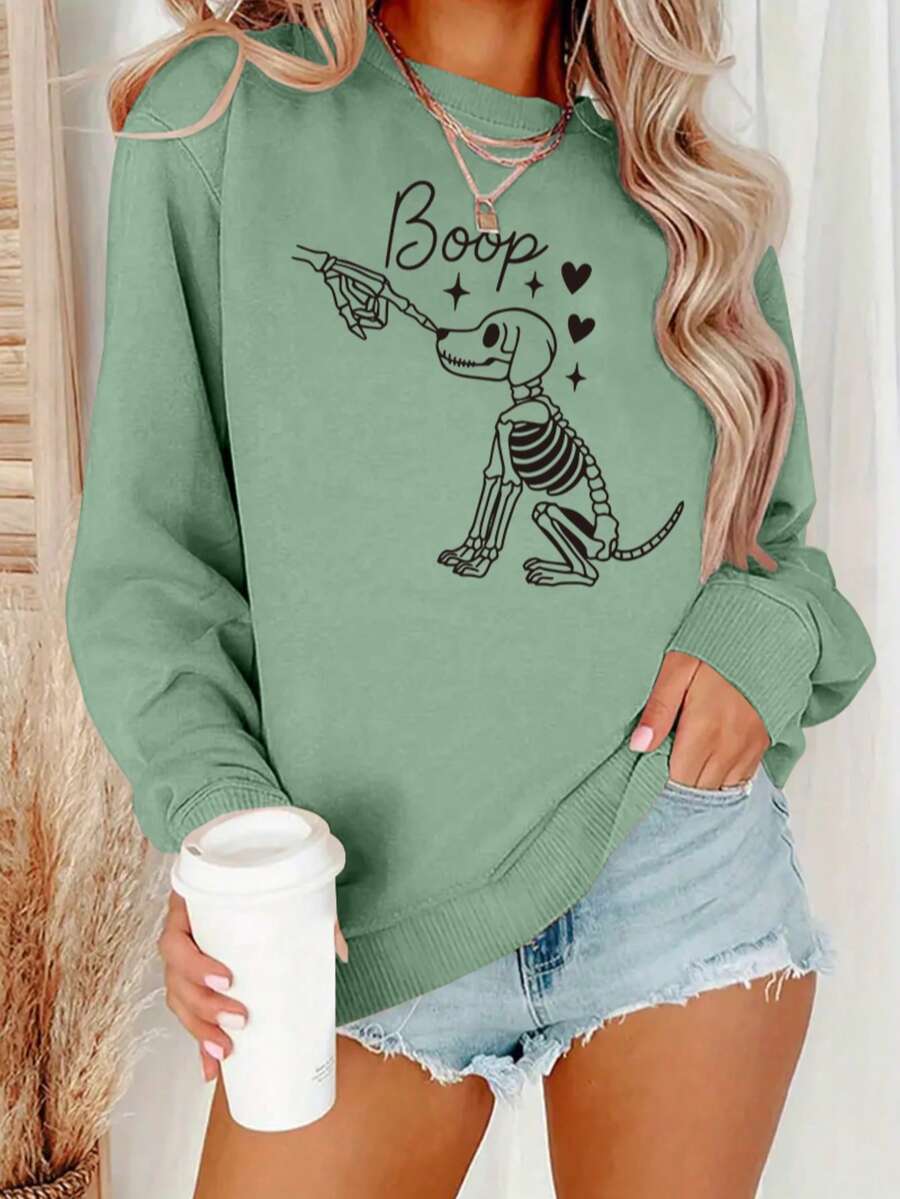 Winter Clothing Gift Ideas - เสื้อสเวตเตอร์ลายกราฟิกสุนัขโครงกระดูก Boop สำหรับผู้หญิง คอกลม สไตล์ลำลอง เสื้อสวมหัว