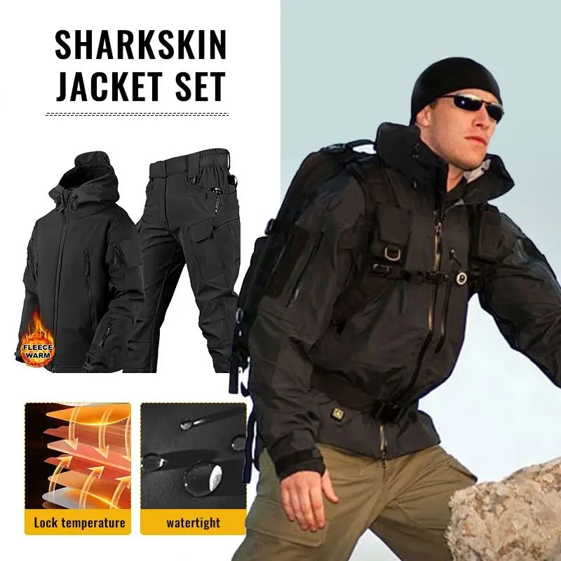 Winter Clothing Hiking - เสื้อแจ็กเก็ตมีฮู้ดผู้ชายเสื้อแจ็คเก็ตผ้านิ่มลายหนังฉลามสำหรับฤดูหนาวเสื้อตกปลาเสื้อผ้าเดินเขากำมะหยี่ชุดวอร์ม2ชิ้น