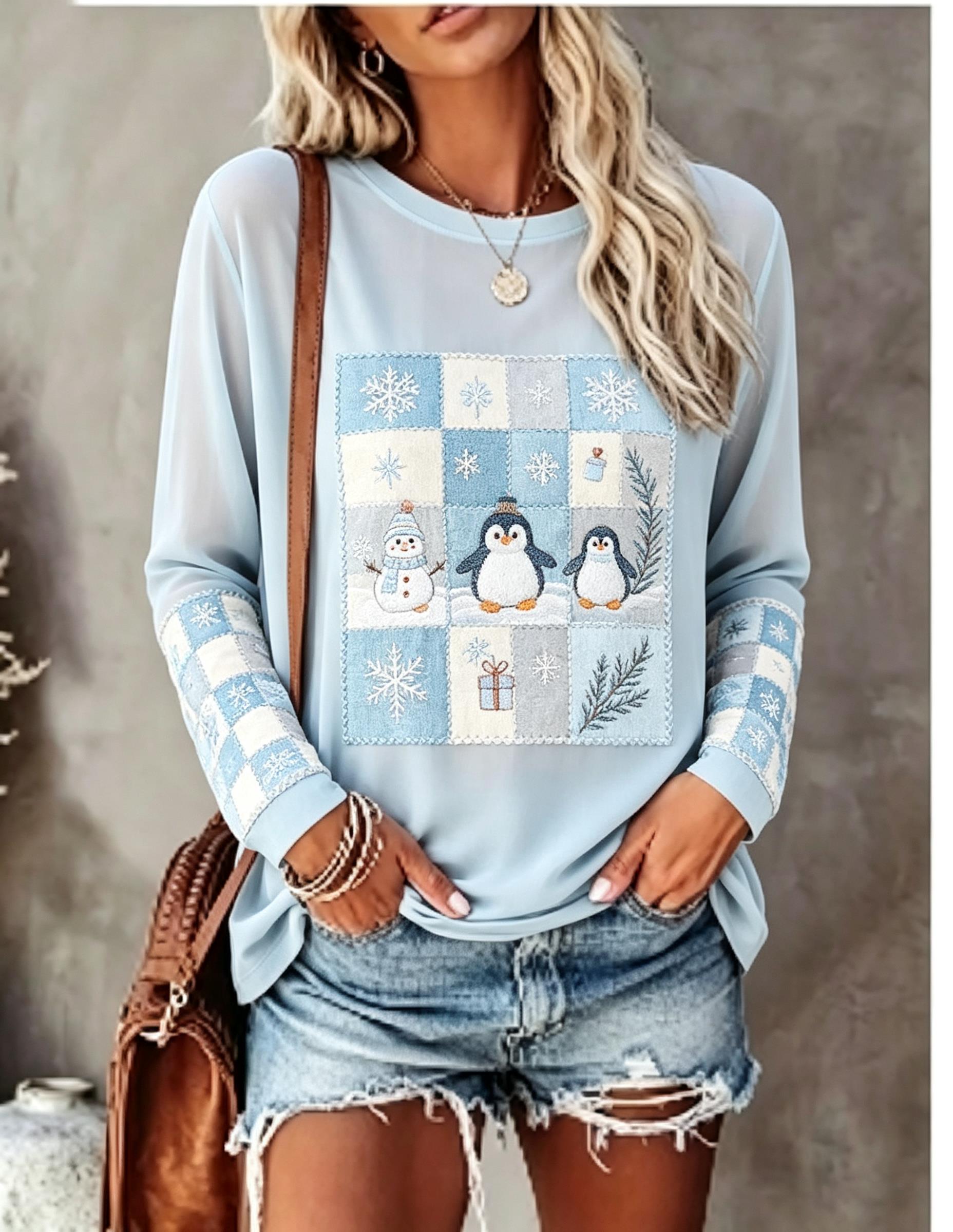 Winter Clothing For Women - เสื้อยืดแขนยาวผู้หญิง ลายปักจิ้งจอก กระต่าย ลายตาราง ลูกสน เบอร์รี่