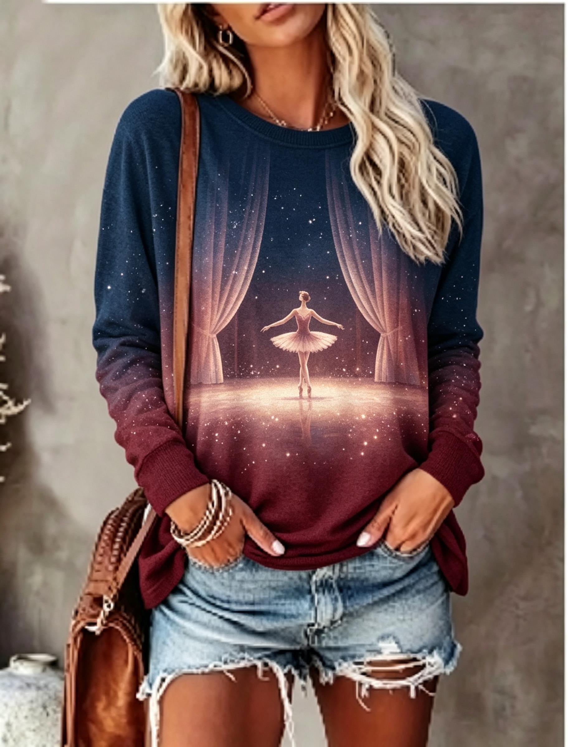 Winter Clothing For Women - เสื้อยืดแขนยาวผู้หญิง ลายพิมพ์นักบัลเลต์ ฉากม่าน ดวงดาว แสงระยิบระยับ คอวี